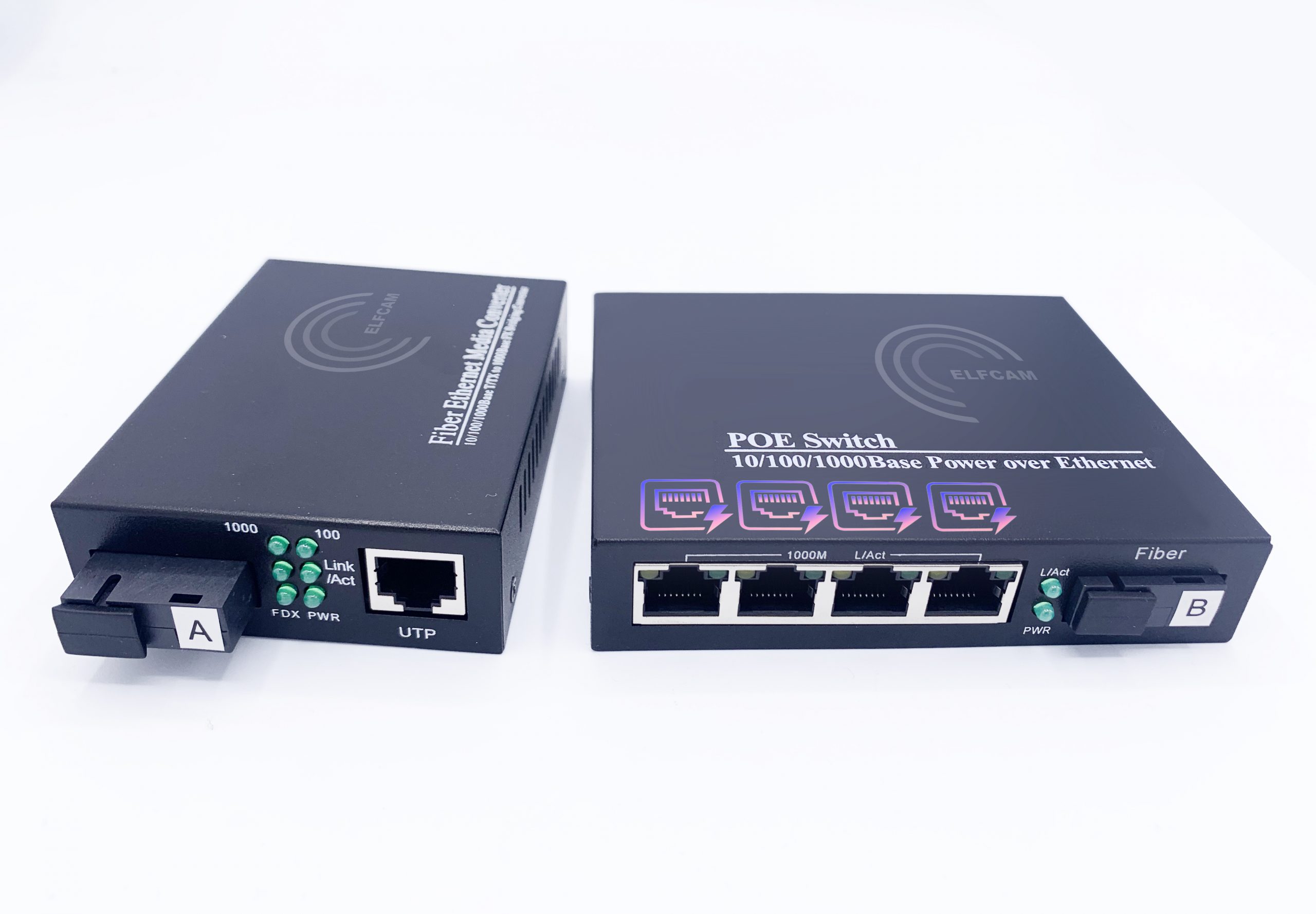 Convertisseur Fibre Ethernet PoE, SFP (mini-GBIC) Inclus, 4 RJ45 Ports  (Ref:4896) – Elfcam - Fiber Solution Specialist