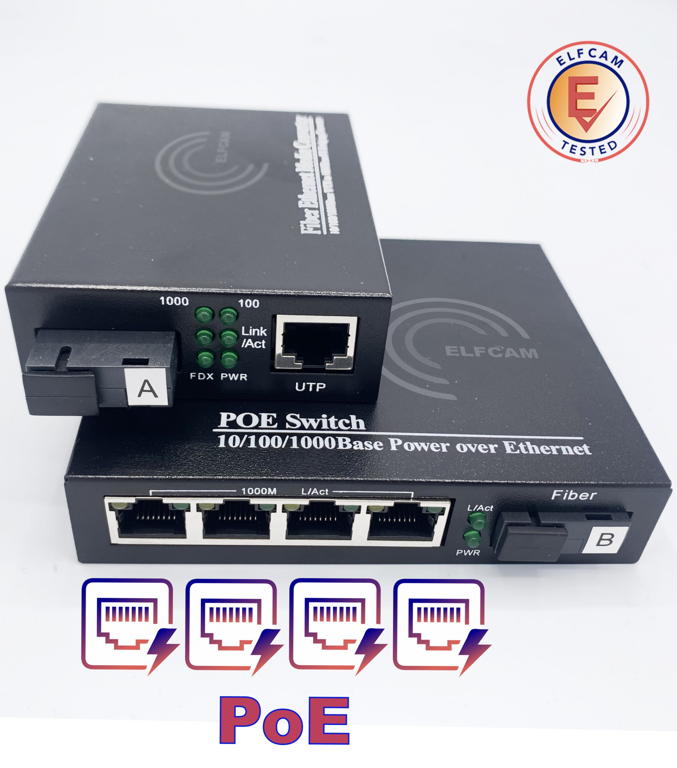 Convertisseur Fibre Ethernet PoE, SFP (mini-GBIC) Inclus, 2 RJ45 Ports  (Ref:4880) – Elfcam - Fiber Solution Specialist