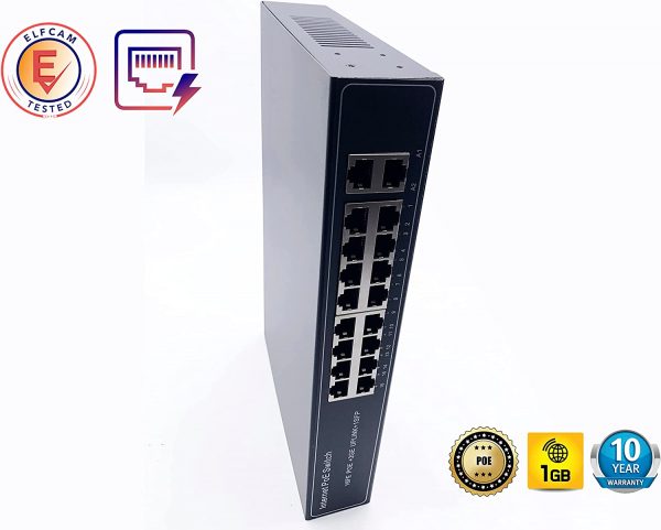 Elfcam® - 16 Ports PoE Ethernet Switch avec 2 Ports Uplink Gigabit