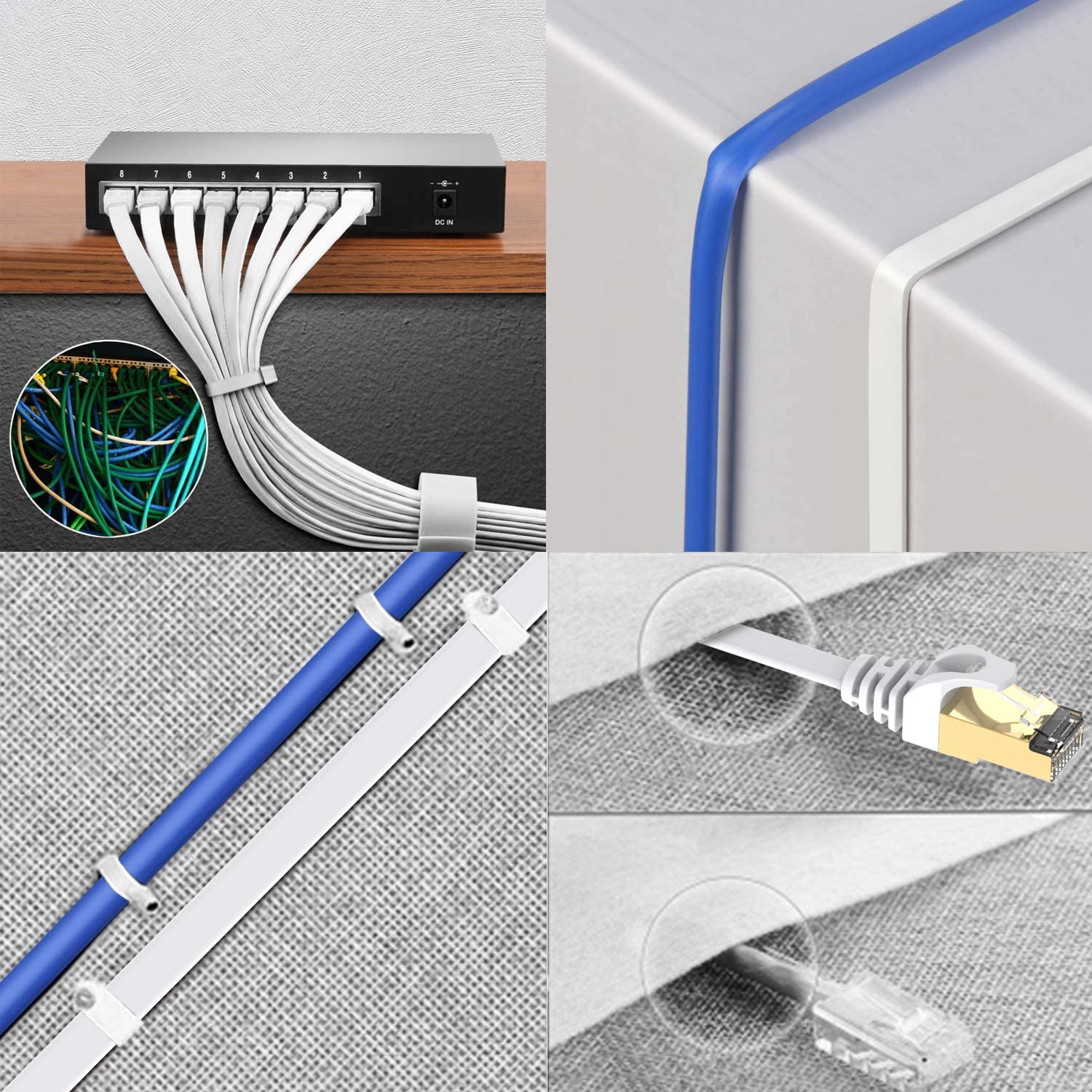 Elfcam® - Cat7 Cable Reseau Ethernet avec Connecteurs RJ45,Cable Plat, 4  Paires Torsadee Blindee, Haut Debit Jusqu'a 10 Gbps (8m, Blanc)